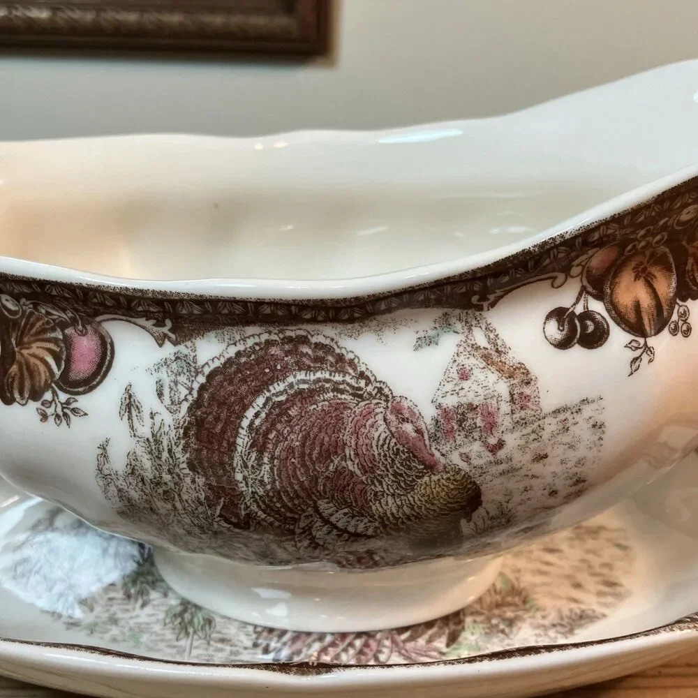 Johnson Brothers Autumn monarch Turkey Gravy Boat Sauce bowl w/plate NWT Sticker